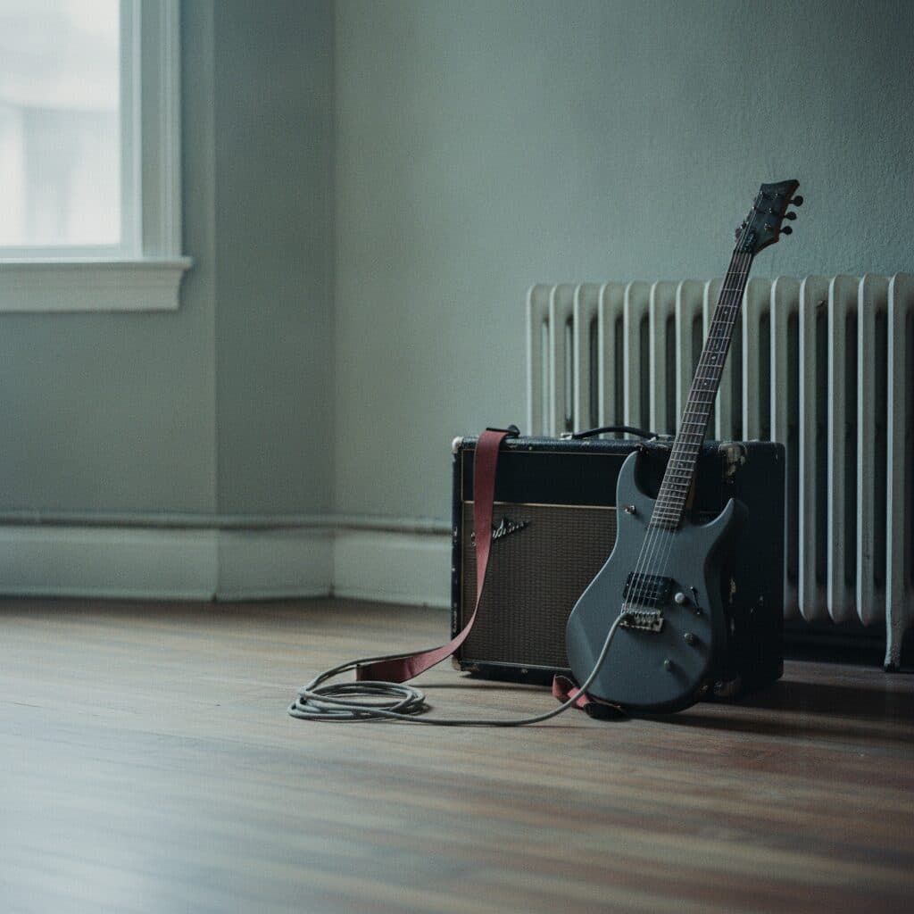 Elektrische Gitarre lehnt an einem Verstärker in der Ecke des Proberaums