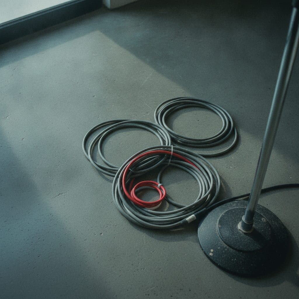 Aufgerollte Instrumentenkabel auf einem Betonboden neben einem Stativfuß