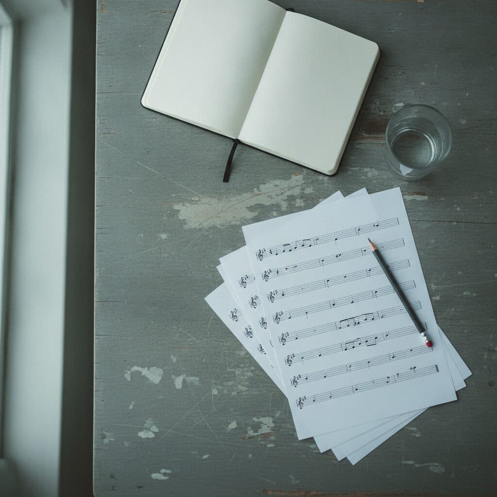 Leere Notenblätter, ein Bleistift und ein Glas Wasser auf einem Holztisch