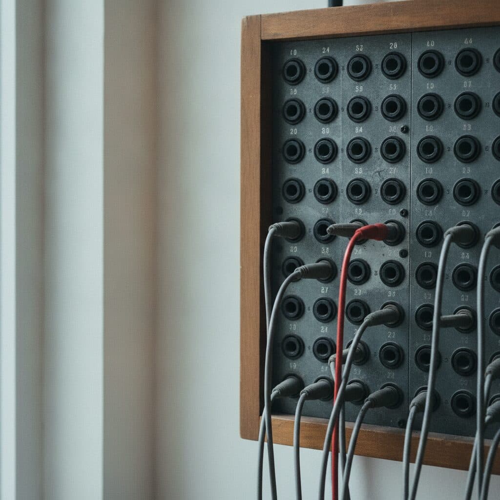 Vintage-Patchfeld im Holzrack mit grauen Kabeln und einem roten Patchkabel