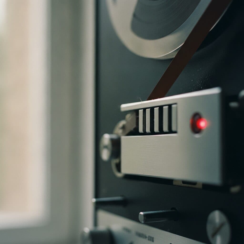 Makroaufnahme des Kopfträgers einer Tonbandmaschine mit eingelegtem Band
